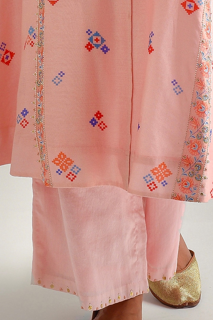 Peach Printed & Hand Embroidered A-Line Kurta Set by Pita Nila at Pernia's Pop Up Shop