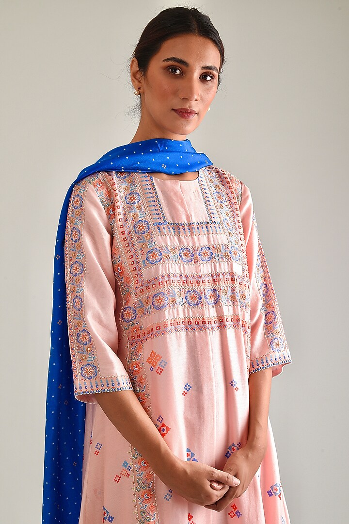 Peach Printed & Hand Embroidered A-Line Kurta Set by Pita Nila at Pernia's Pop Up Shop