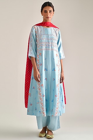 Sky Blue Printed & Hand Embroidered A-Line Kurta Set by Pita Nila