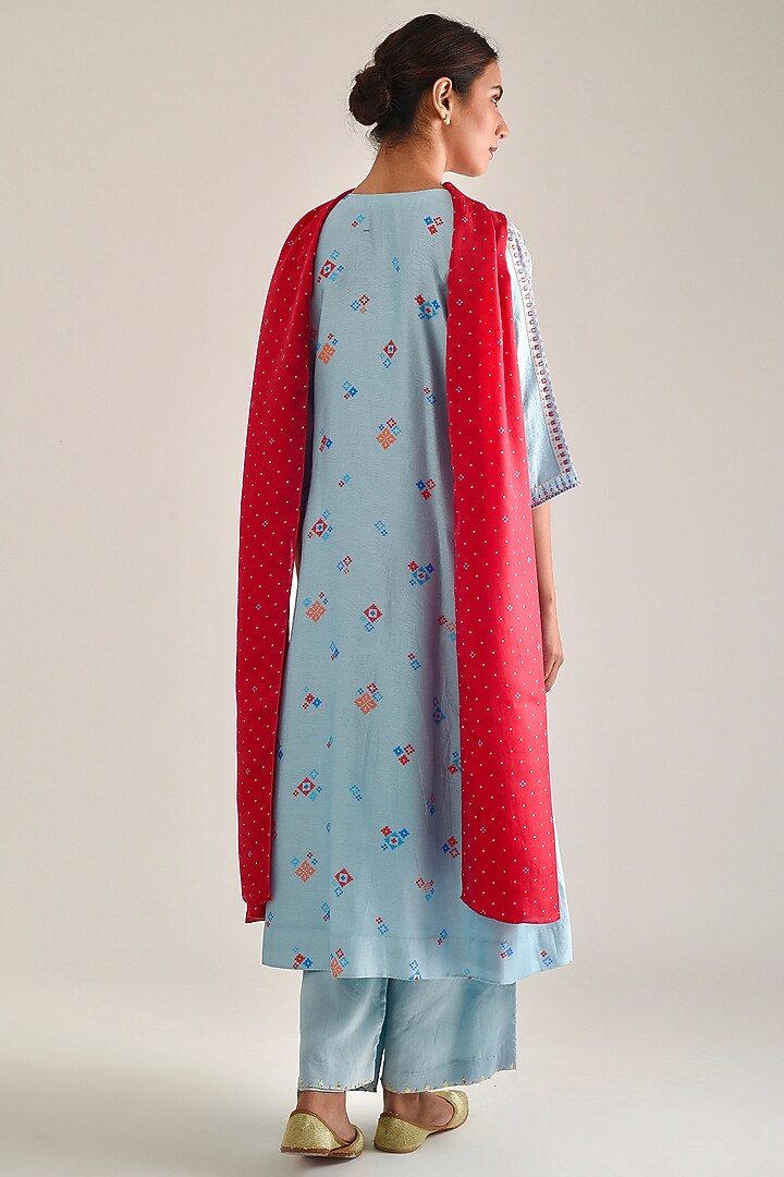 Sky Blue Printed & Hand Embroidered A-Line Kurta Set by Pita Nila at Pernia's Pop Up Shop