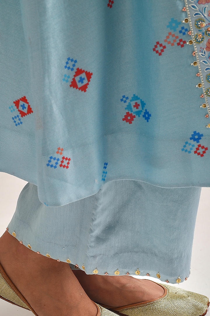 Sky Blue Printed & Hand Embroidered A-Line Kurta Set by Pita Nila at Pernia's Pop Up Shop