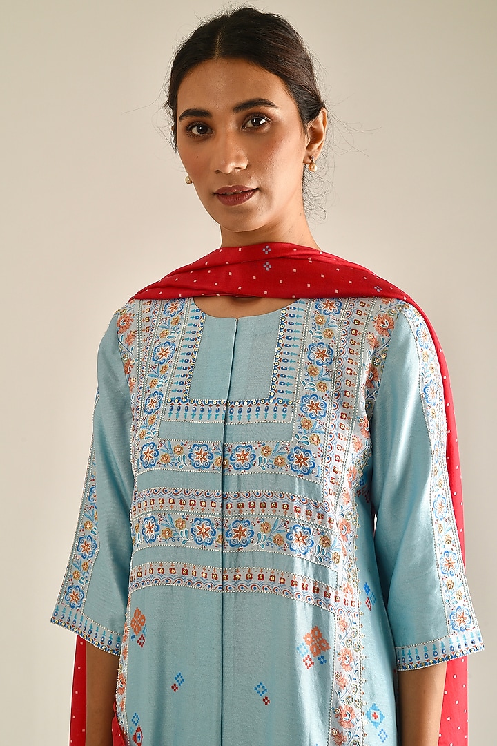 Sky Blue Printed & Hand Embroidered A-Line Kurta Set by Pita Nila at Pernia's Pop Up Shop