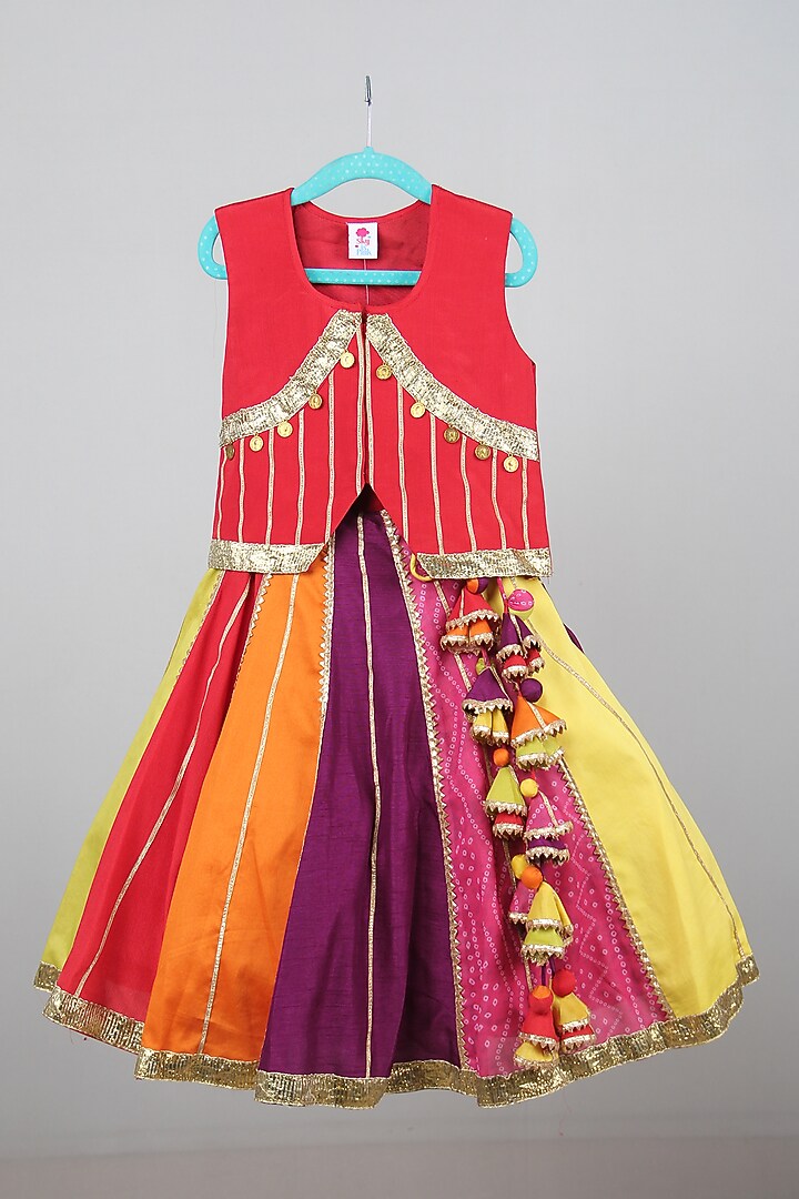 Multi-Colored Chiffon & Cotton Lehenga Set For Girls by Sky Is Pink at Pernia's Pop Up Shop