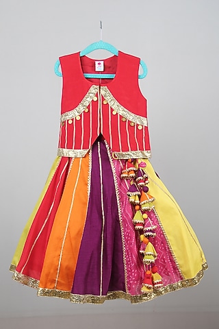 Multi-Colored Chiffon & Cotton Lehenga Set For Girls by Sky Is Pink