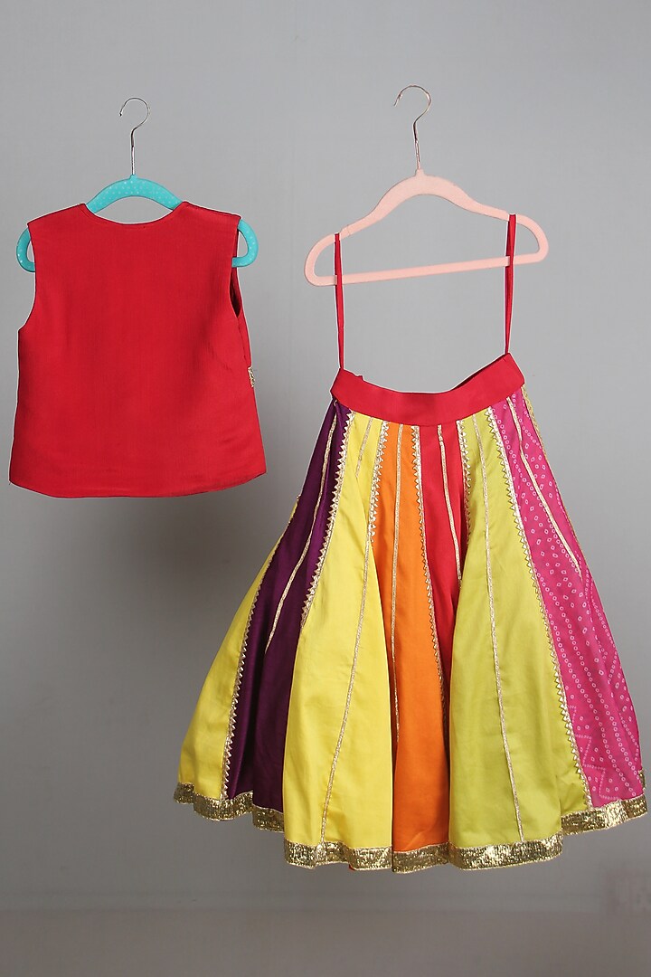 Multi-Colored Chiffon & Cotton Lehenga Set For Girls by Sky Is Pink at Pernia's Pop Up Shop