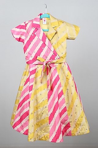 Pink Tussar Silk Printed & Embroidered Lehenga Set For Girls by Sky Is Pink