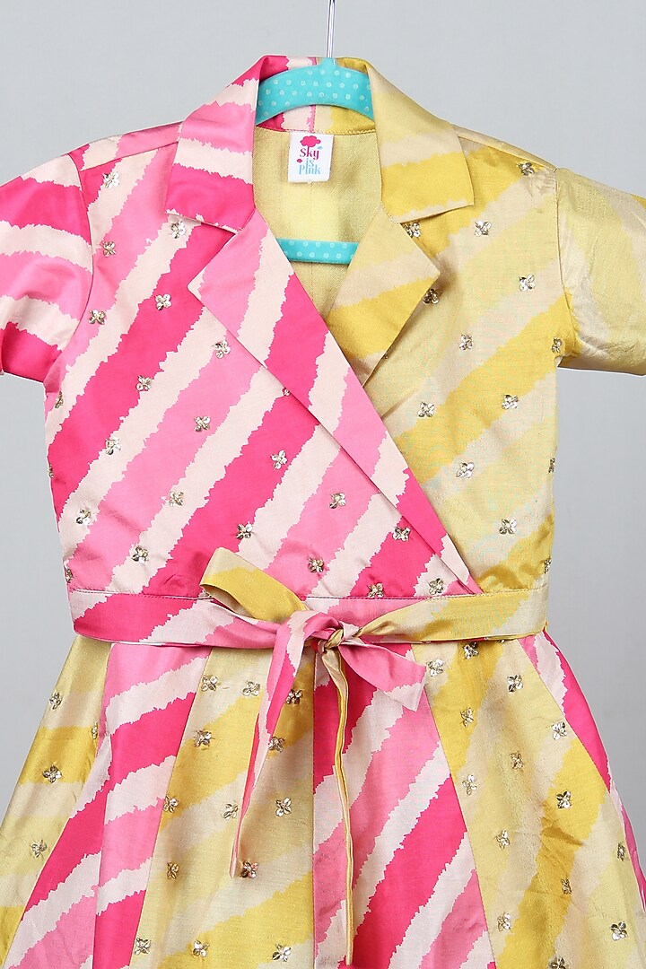 Pink Tussar Silk Printed & Embroidered Lehenga Set For Girls by Sky Is Pink at Pernia's Pop Up Shop