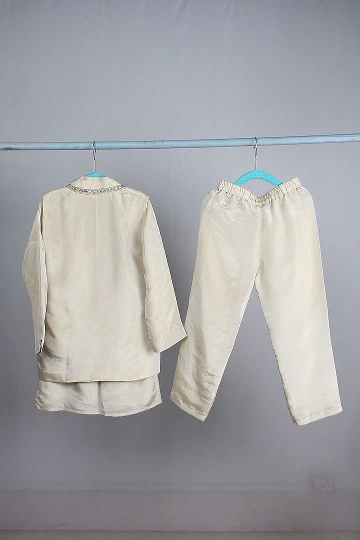 Cream Tissue Embroidered Nehru Jacket Set For Boys by Sky Is Pink at Pernia's Pop Up Shop