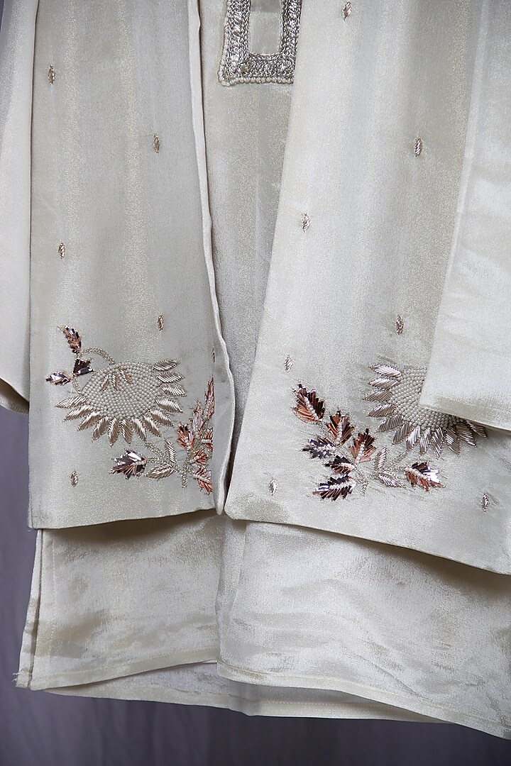 Cream Tissue Embroidered Nehru Jacket Set For Boys by Sky Is Pink at Pernia's Pop Up Shop
