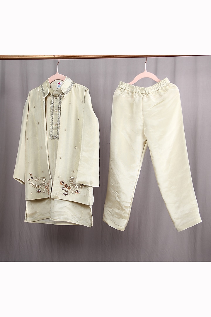 Cream Tissue Embroidered Nehru Jacket Set For Boys by Sky Is Pink at Pernia's Pop Up Shop