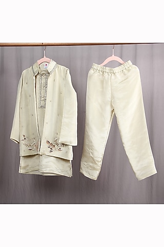 Cream Tissue Embroidered Nehru Jacket Set For Boys by Sky Is Pink