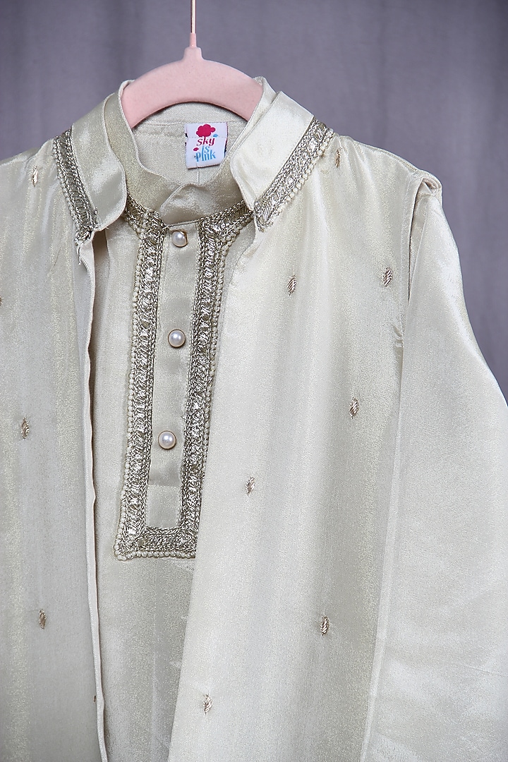 Cream Tissue Embroidered Nehru Jacket Set For Boys by Sky Is Pink at Pernia's Pop Up Shop