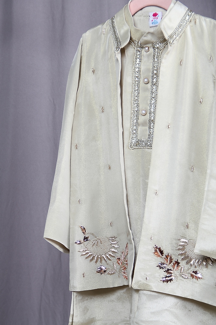 Cream Tissue Embroidered Nehru Jacket Set For Boys by Sky Is Pink at Pernia's Pop Up Shop