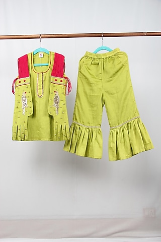 Parrot Green Cotton Satin Sharara Set For Girls by Sky Is Pink