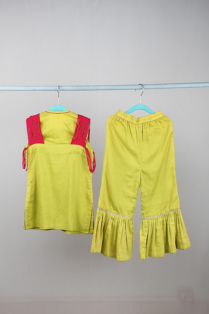 Parrot Green Cotton Satin Sharara Set For Girls by Sky Is Pink at Pernia's Pop Up Shop