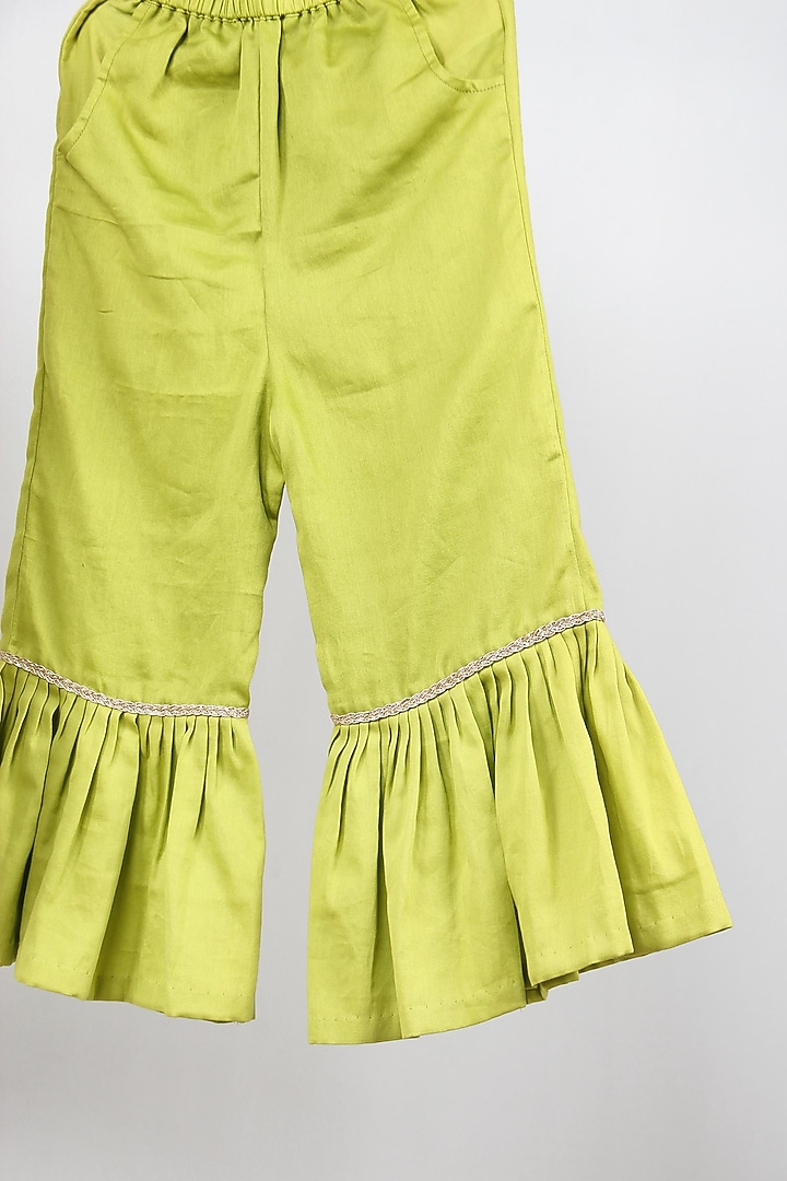 Parrot Green Cotton Satin Sharara Set For Girls by Sky Is Pink at Pernia's Pop Up Shop