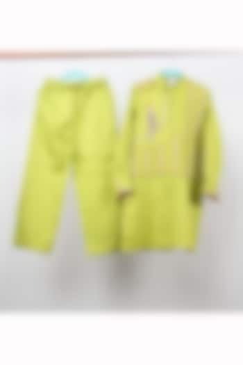 Parrot Green Cotton Satin Embroidered Kurta Set For Boys by Sky Is Pink at Pernia's Pop Up Shop