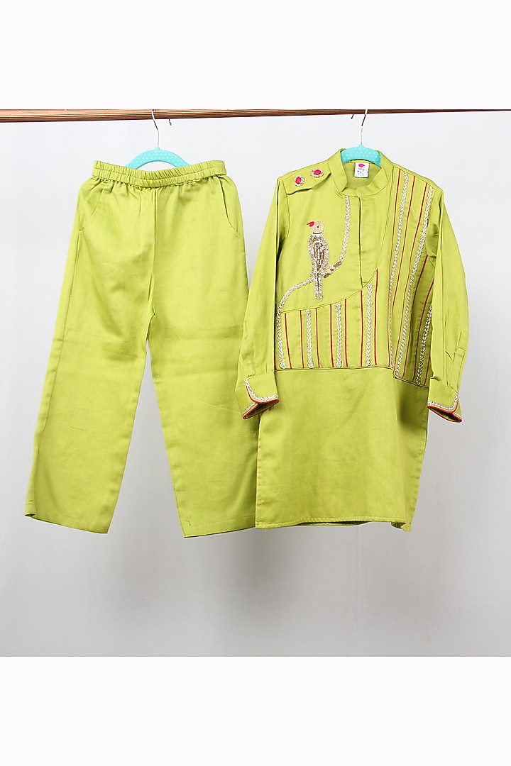 Parrot Green Cotton Satin Embroidered Kurta Set For Boys by Sky Is Pink at Pernia's Pop Up Shop