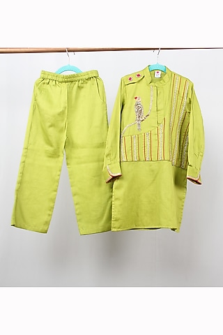 Parrot Green Cotton Satin Embroidered Kurta Set For Boys by Sky Is Pink