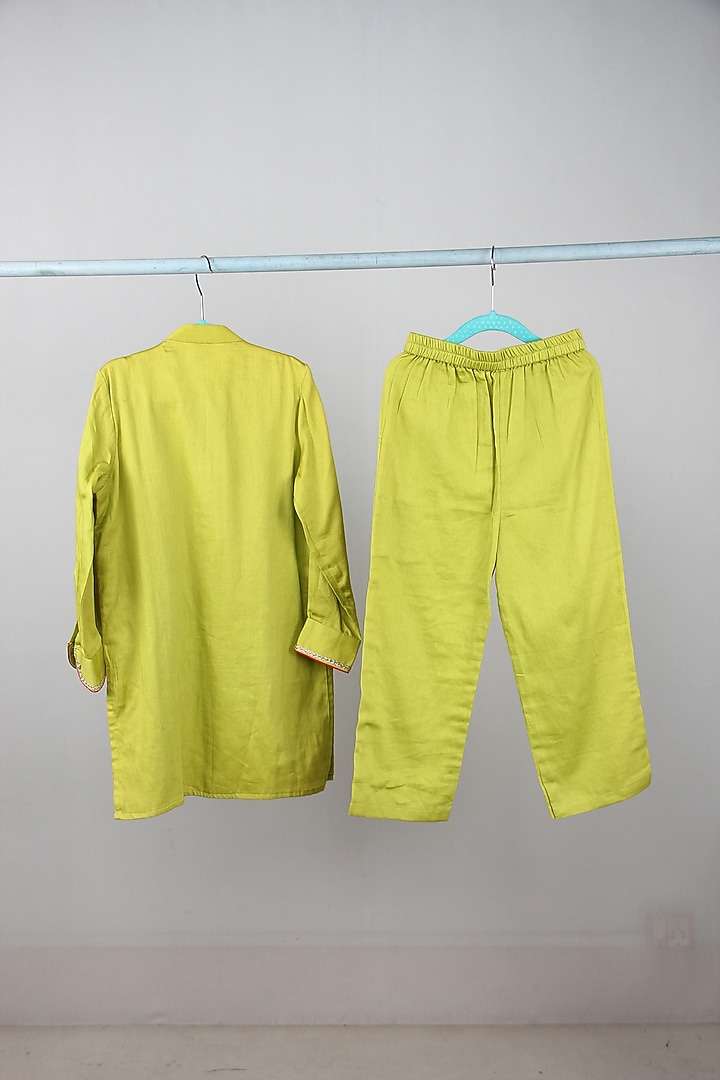 Parrot Green Cotton Satin Embroidered Kurta Set For Boys by Sky Is Pink at Pernia's Pop Up Shop