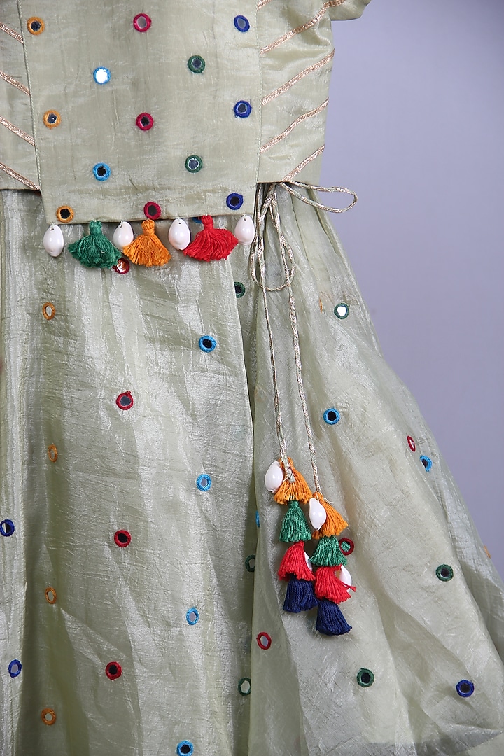 Mint Green Tabby Silk Mirror Embroidered Lehenga Set For Girls by Sky Is Pink at Pernia's Pop Up Shop