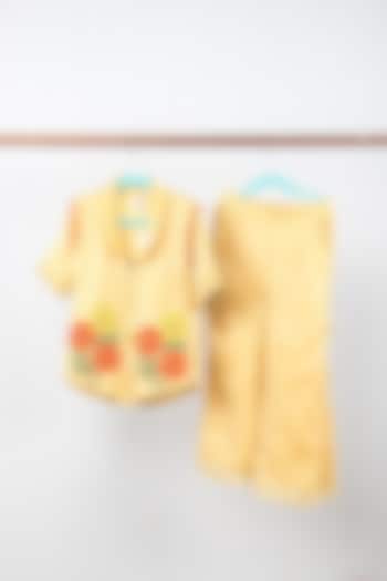 Pastel Yellow Tabby Silk Floral Embroidered Co-Ord Set For Girls by Sky Is Pink at Pernia's Pop Up Shop