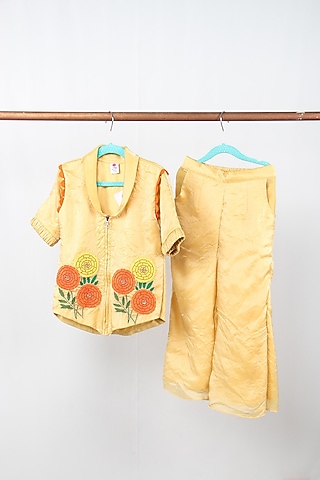 Pastel Yellow Tabby Silk Floral Embroidered Co-Ord Set For Girls by Sky Is Pink