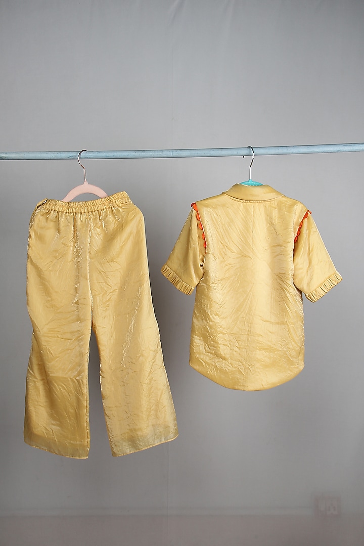 Pastel Yellow Tabby Silk Floral Embroidered Co-Ord Set For Girls by Sky Is Pink at Pernia's Pop Up Shop