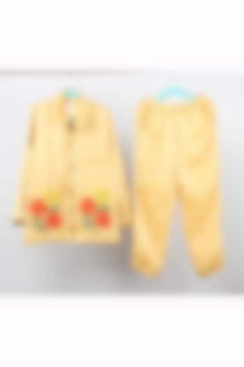 Pastel Yellow Tabby Silk Floral Embroidered Jacket Set For Boys by Sky Is Pink at Pernia's Pop Up Shop
