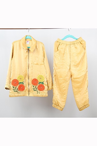 Pastel Yellow Tabby Silk Floral Embroidered Jacket Set For Boys by Sky Is Pink