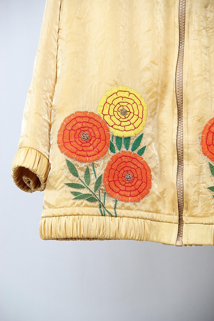 Pastel Yellow Tabby Silk Floral Embroidered Jacket Set For Boys by Sky Is Pink at Pernia's Pop Up Shop