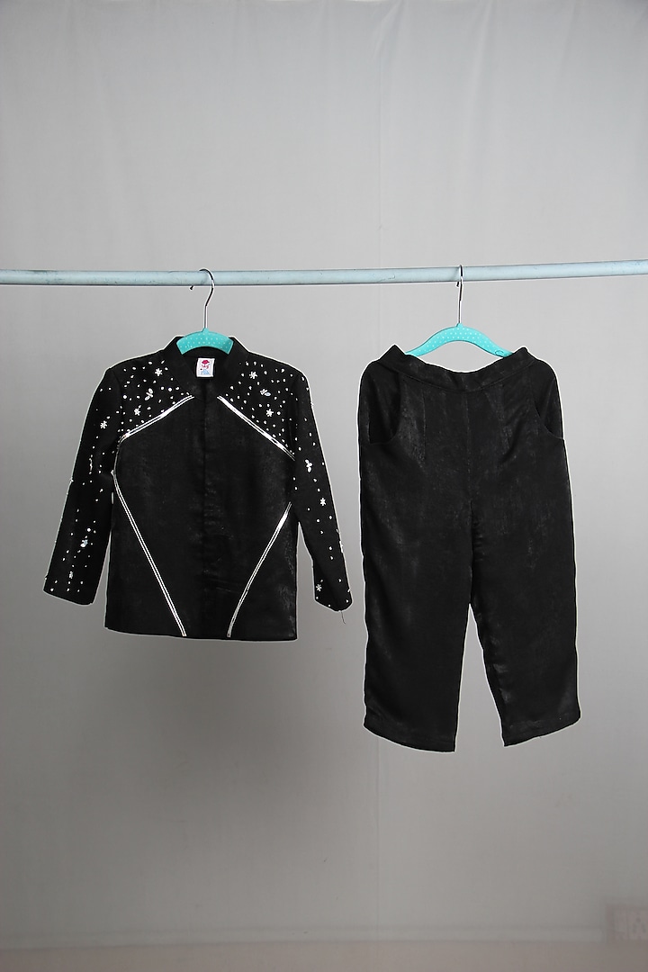 Black Summer Velvet Pearl Embroidered Jacket Set For Boys by Sky Is Pink at Pernia's Pop Up Shop