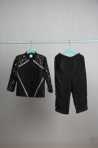 Black Summer Velvet Pearl Embroidered Jacket Set For Boys by Sky Is Pink
