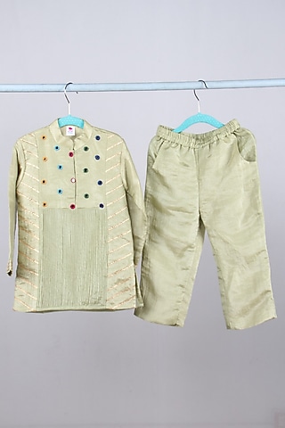 Mint Green Tabby Silk Mirror Embroidered Kurta Set For Boys by Sky Is Pink