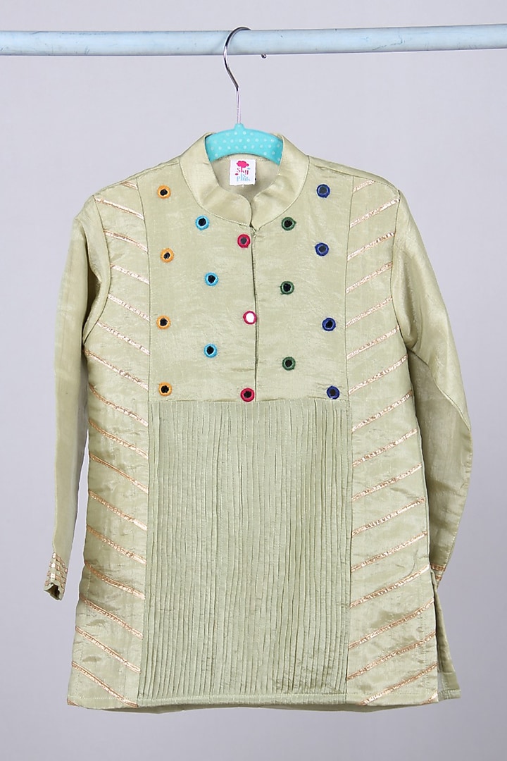 Mint Green Tabby Silk Mirror Embroidered Kurta Set For Boys by Sky Is Pink at Pernia's Pop Up Shop