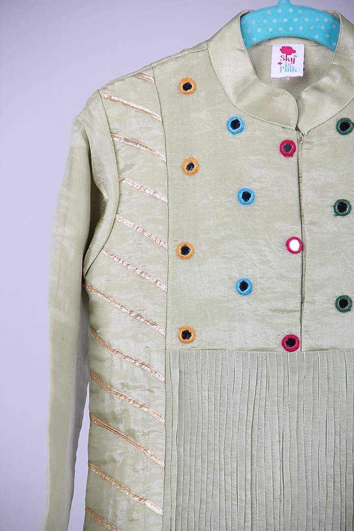 Mint Green Tabby Silk Mirror Embroidered Kurta Set For Boys by Sky Is Pink at Pernia's Pop Up Shop