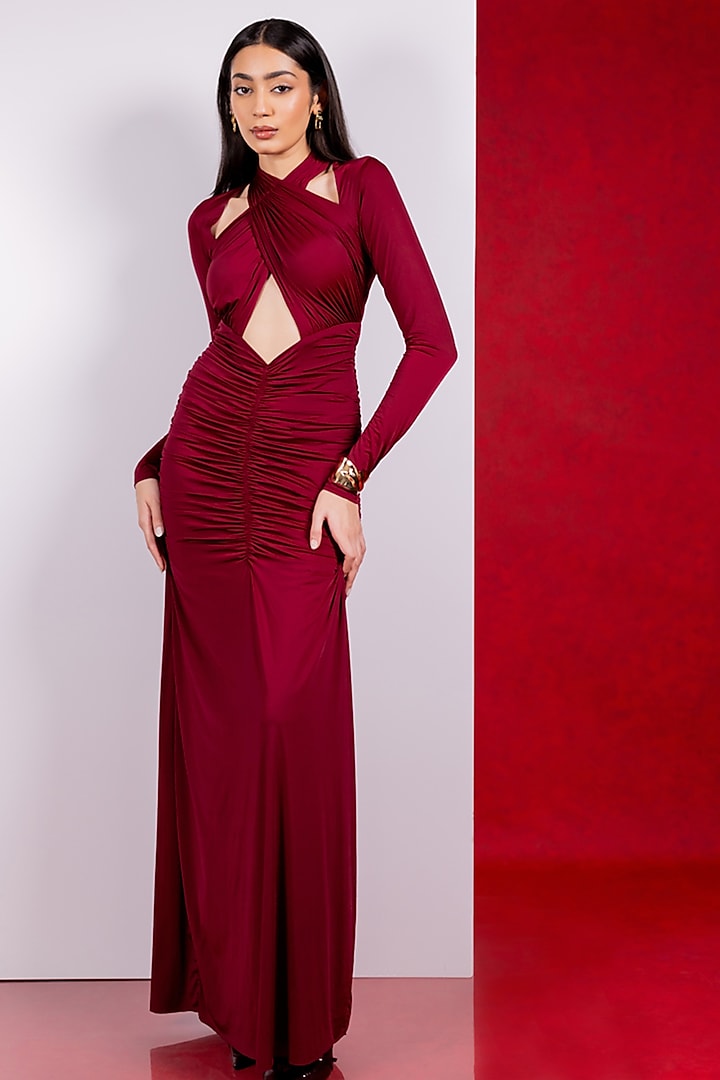 Maroon Malai Lycra Gown by PINUP BY ASTHA at Pernia's Pop Up Shop