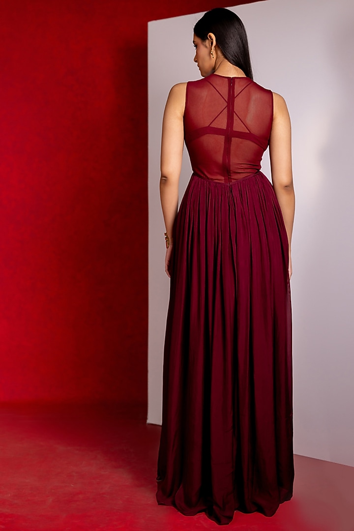 Maroon Malai Lycra Party Wear Gown by PINUP BY ASTHA at Pernia's Pop Up Shop