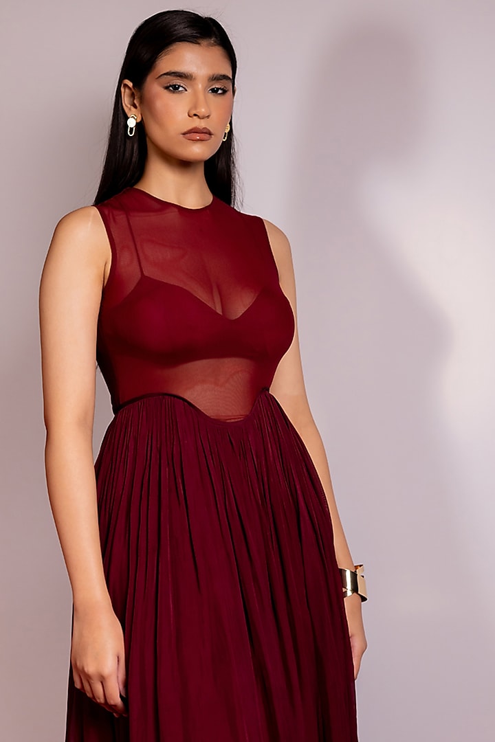 Maroon Malai Lycra Party Wear Gown by PINUP BY ASTHA at Pernia's Pop Up Shop