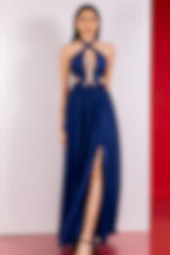 Navy Blue Flat Chiffon Gown by PINUP BY ASTHA at Pernia's Pop Up Shop