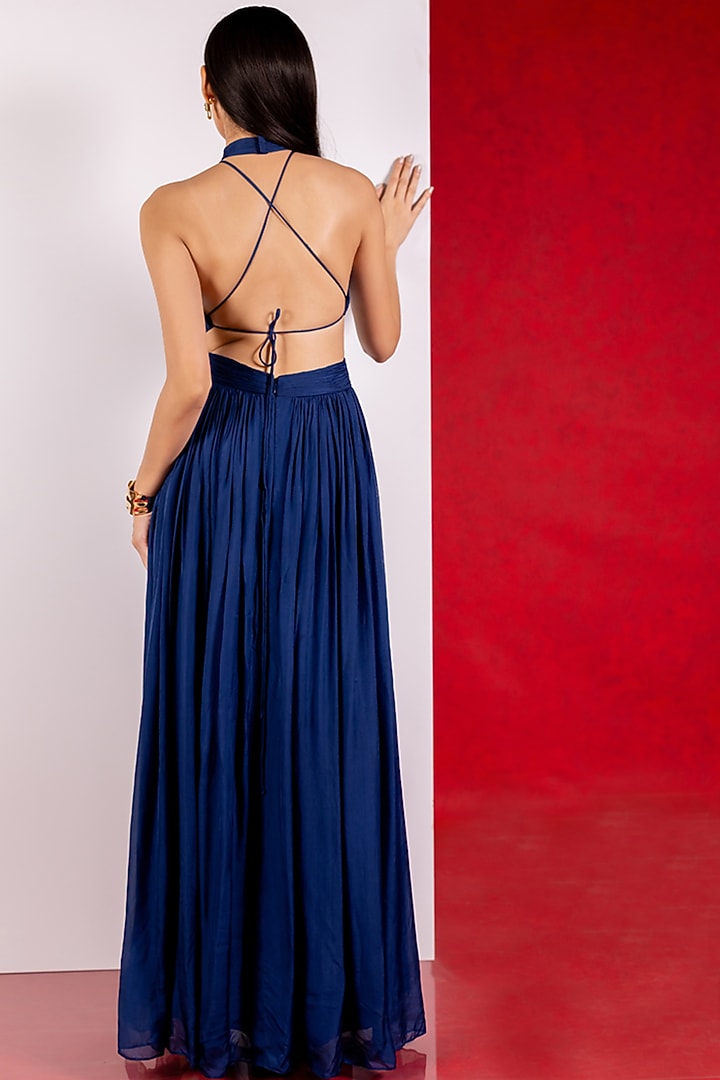 Navy Blue Flat Chiffon Party Wear Gown by PINUP BY ASTHA at Pernia's Pop Up Shop