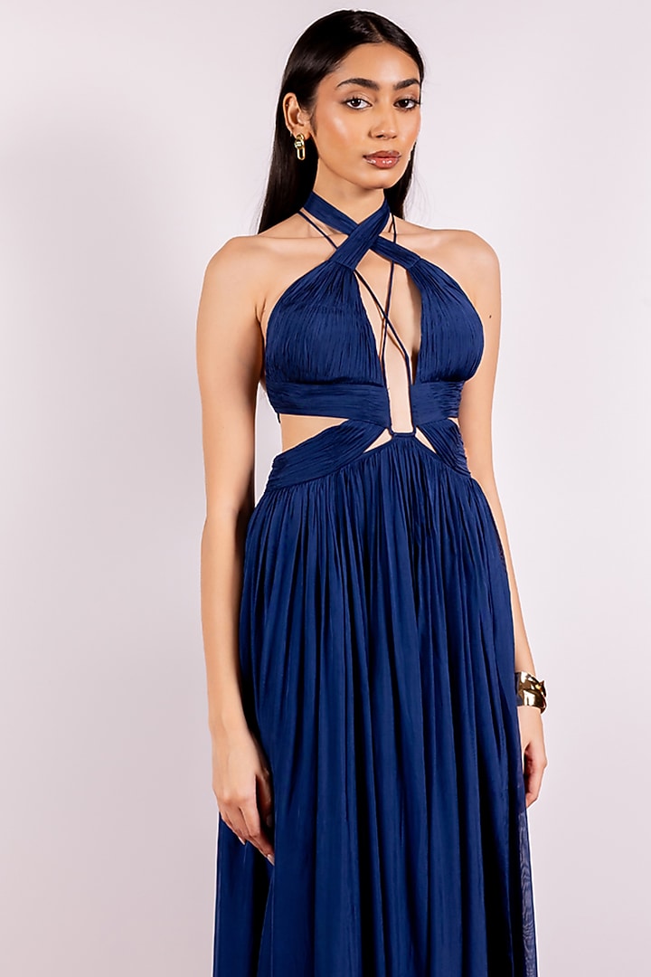 Navy Blue Flat Chiffon Party Wear Gown by PINUP BY ASTHA at Pernia's Pop Up Shop