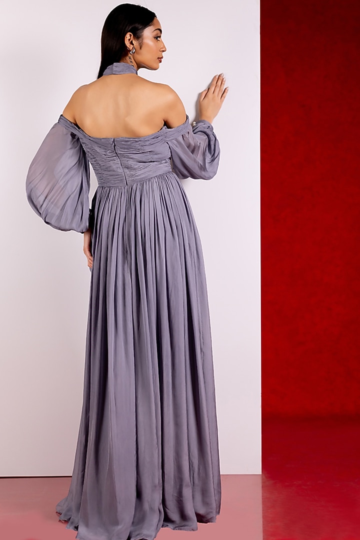 Grey Flat Chiffon Party Wear Gown by PINUP BY ASTHA at Pernia's Pop Up Shop