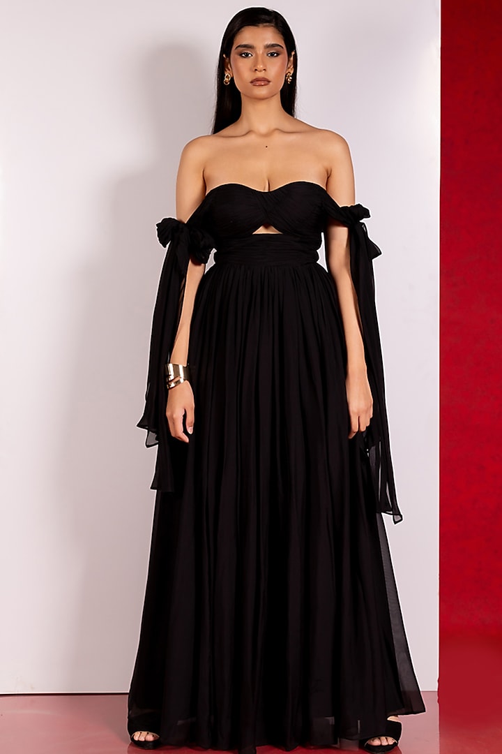 Black Flat Chiffon Off-Shoulder Gown by PINUP BY ASTHA at Pernia's Pop Up Shop