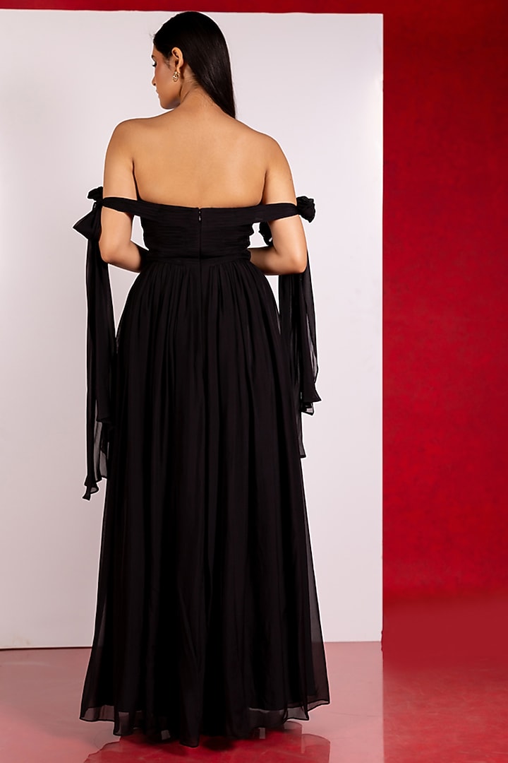 Black Flat Chiffon Off-Shoulder Party Wear Gown by PINUP BY ASTHA at Pernia's Pop Up Shop
