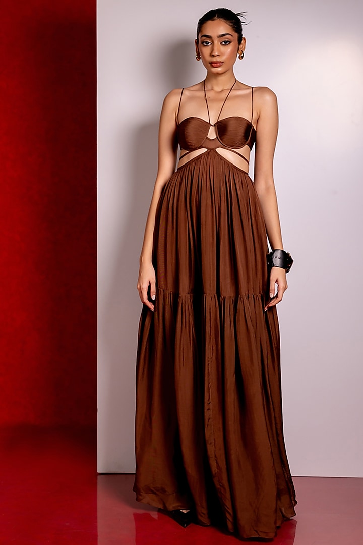 Brown Flat Chiffon Gown by PINUP BY ASTHA at Pernia's Pop Up Shop