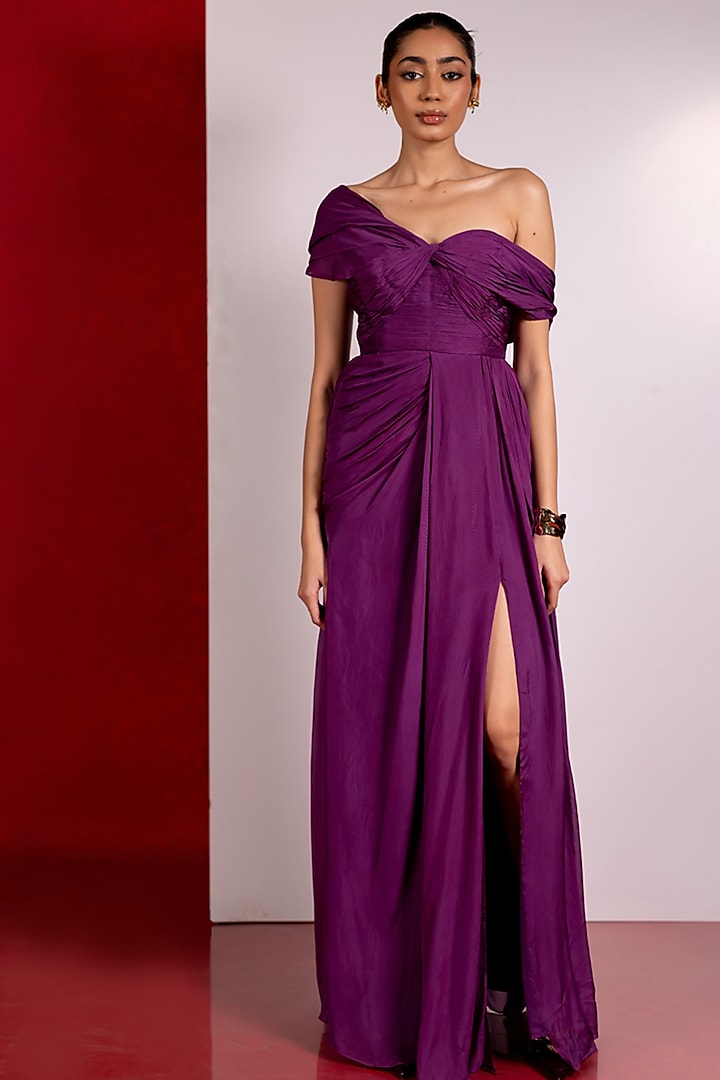 Purple Flat Chiffon Gown by PINUP BY ASTHA at Pernia's Pop Up Shop