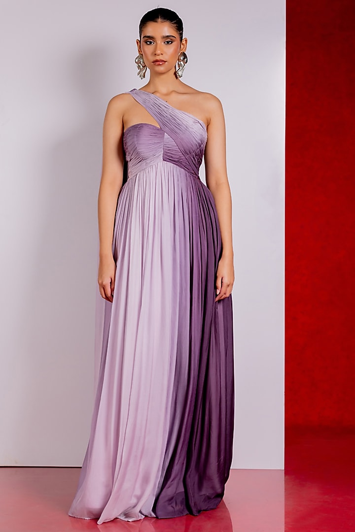 Purple Flat Chiffon One-Shoulder Gown by PINUP BY ASTHA at Pernia's Pop Up Shop