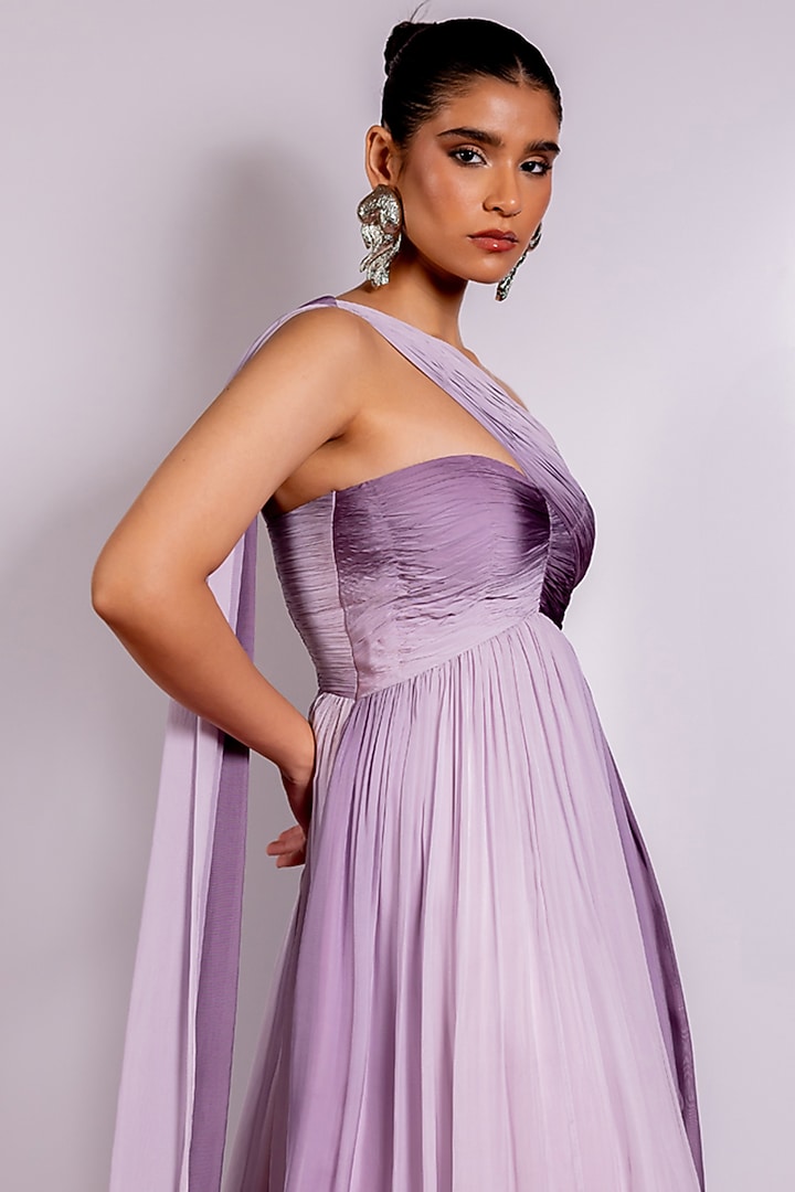 Purple Flat Chiffon One-Shoulder Engagement Gown by PINUP BY ASTHA at Pernia's Pop Up Shop