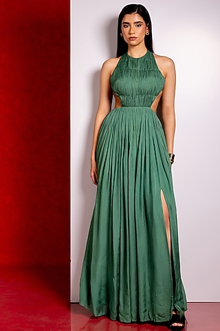 Olive Green Flat Chiffon Gown by PINUP BY ASTHA
